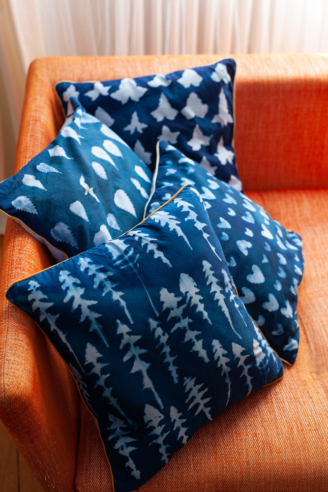Cyanotype & coussin & végétaux